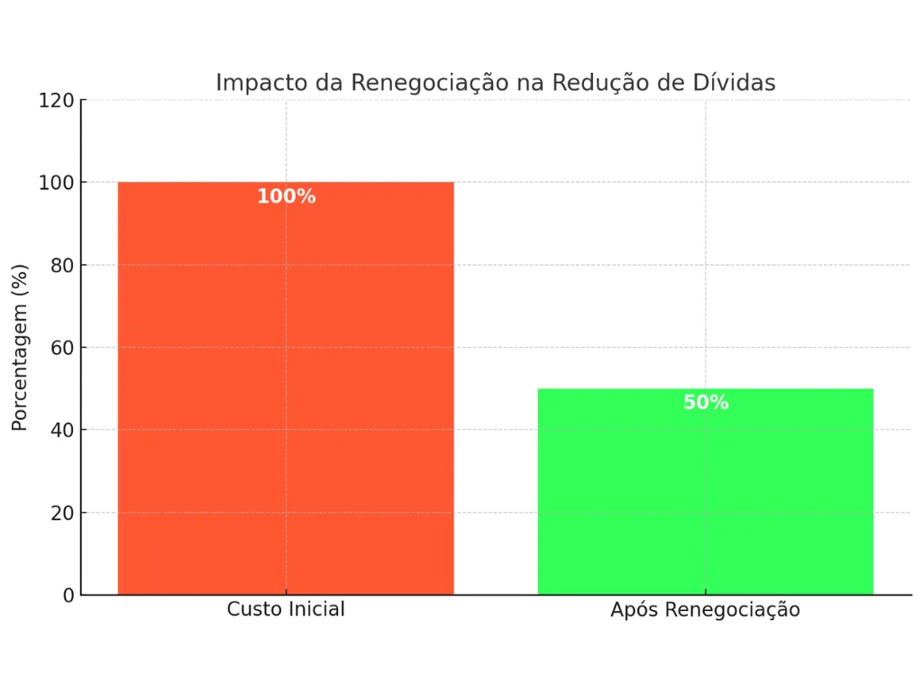 Aqui está o gráfico intitulado "Impacto da Renegociação na Redução de Dívidas", que mostra a comparação entre o custo inicial da dívida (100%) e o valor renegociado após descontos (50%). Diga adeus às dívidas!